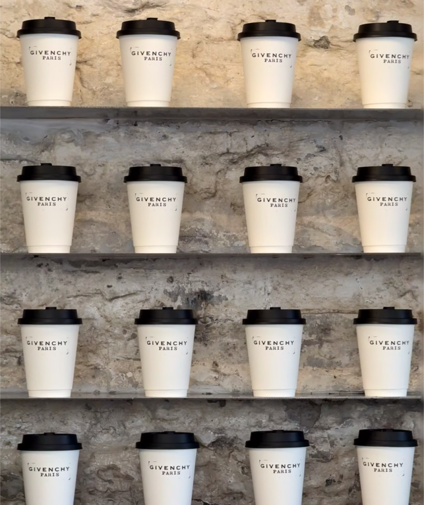 Givenchy's 2026 Shanghai pop-up: 纪梵希早餐 (Givenchy Breakfast) displaying cups of logo-stamped 豆浆 (Soy Milk)