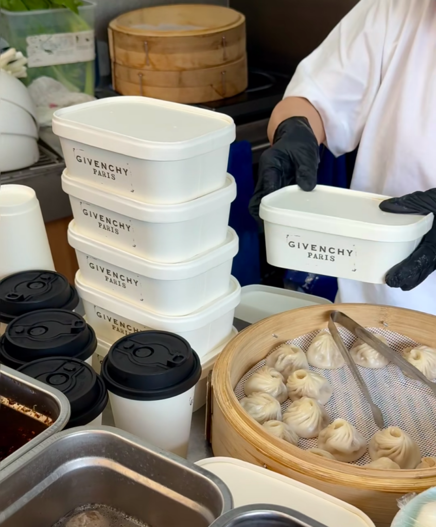 Givenchy's 2026 Shanghai pop-up: 纪梵希早餐 (Givenchy Breakfast) at 山喜线所 (Shanxi Noodle Shop) serving 小笼包 (XiaoLongBao / Soup Dumplings) and 豆浆 (Soy Milk)
