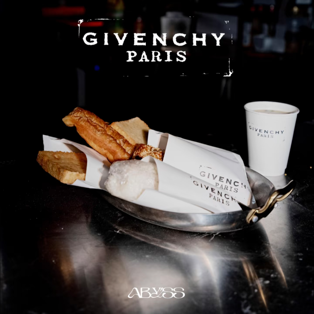 The traditional Shanghai breakfast set, Four Heavenly Kings, served in custom packaging at Aby'ss club for the Givenchy's 2026 Shanghai Breakfast pop-up.
