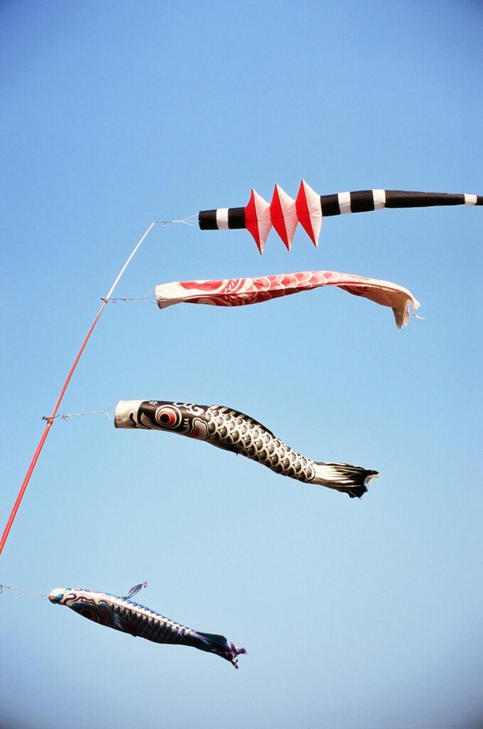 A set of three koinobori streamers hung for Japan's Children's Day to pray for children's health and success.
